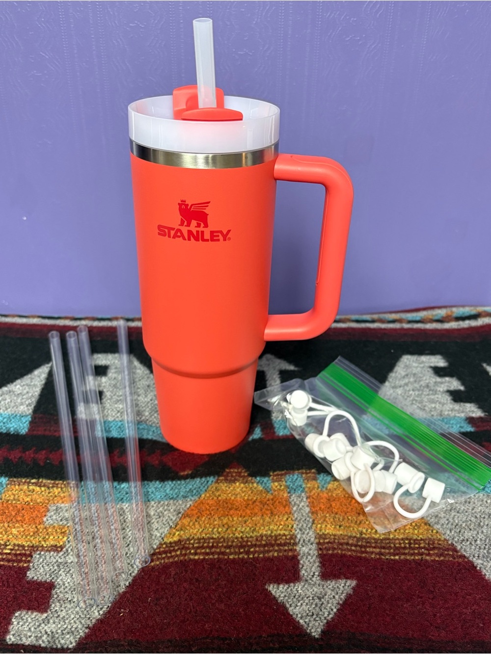 Stanley Coral Travel Tumbler with Handle and Straw